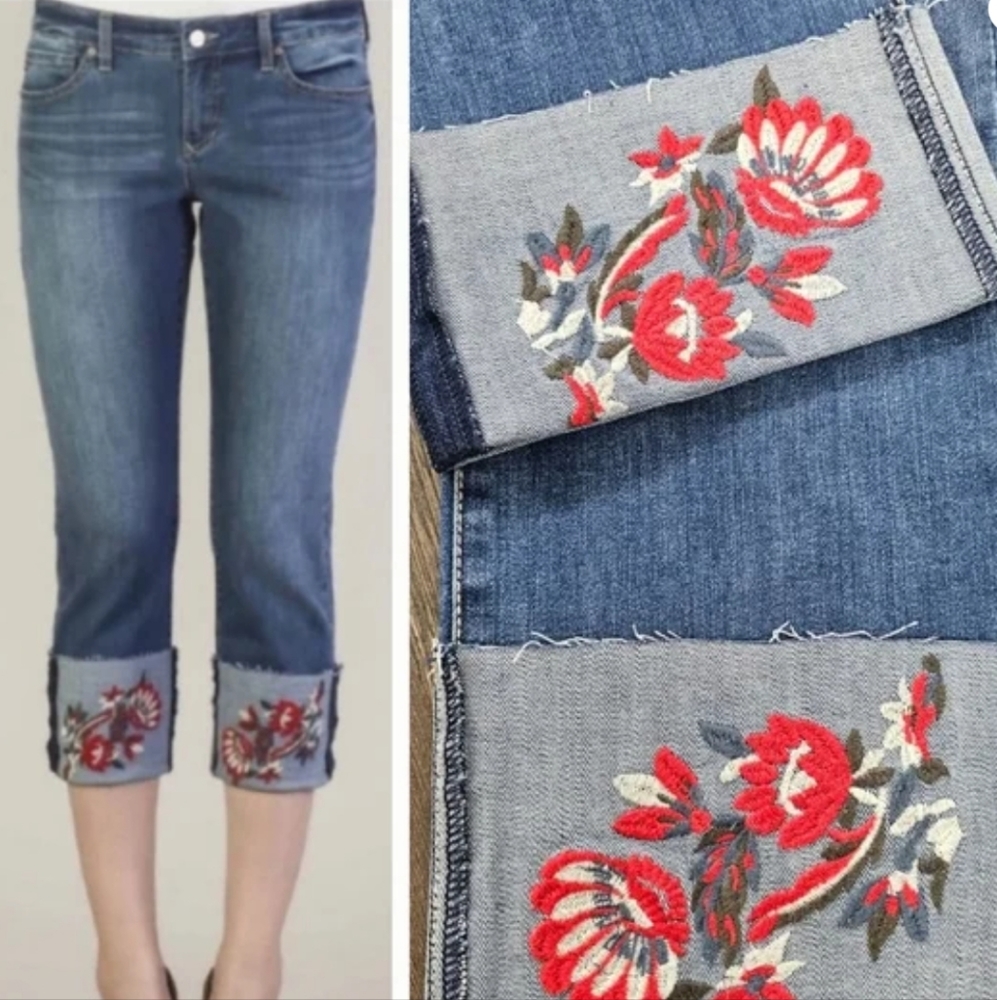 Dear John Playback Cuffed Cropped Straight Leg Jean with Floral Embroidery